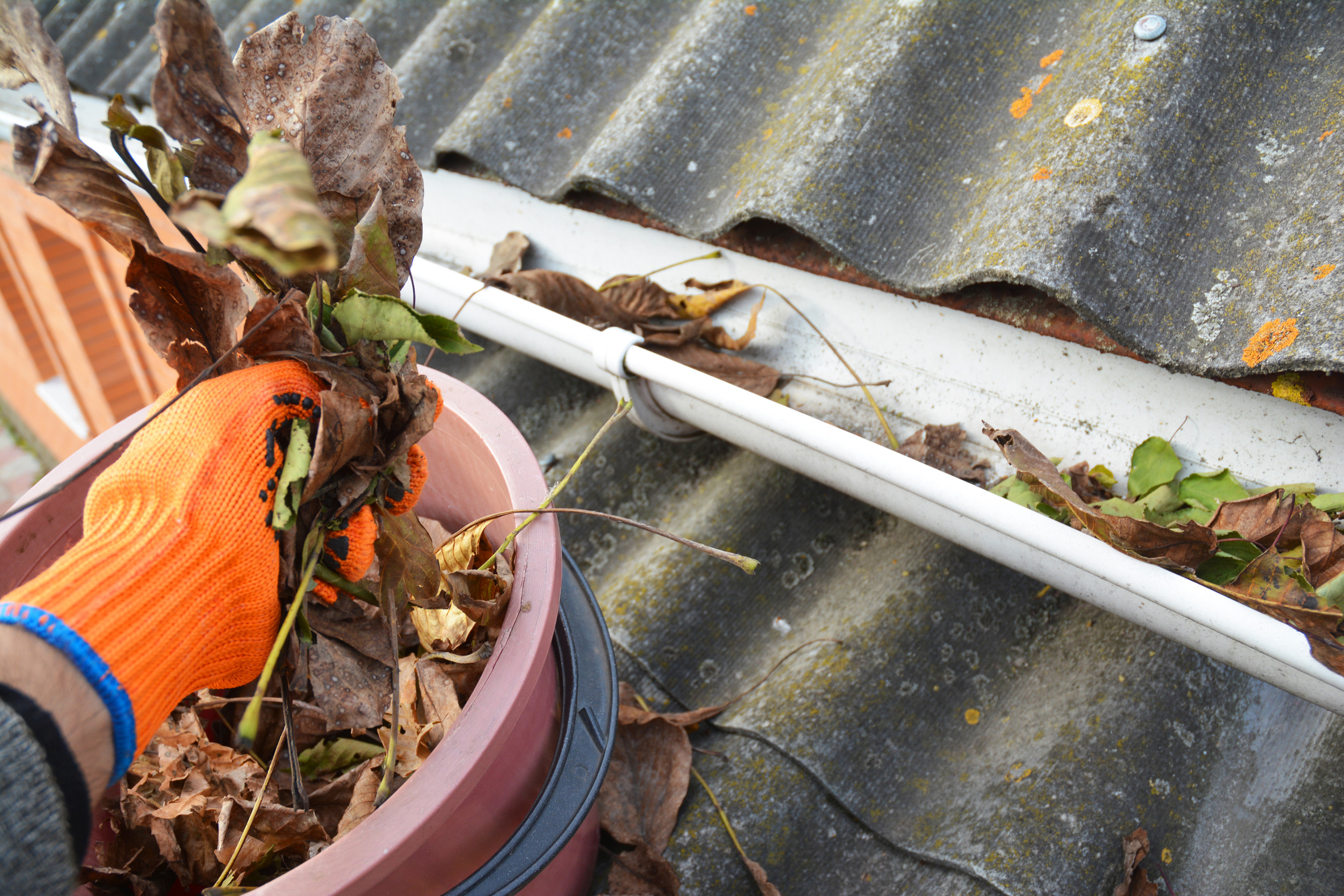 A person wearing orange gloves cleaning leaves from a house gutter into a bucket on a rooftop.
